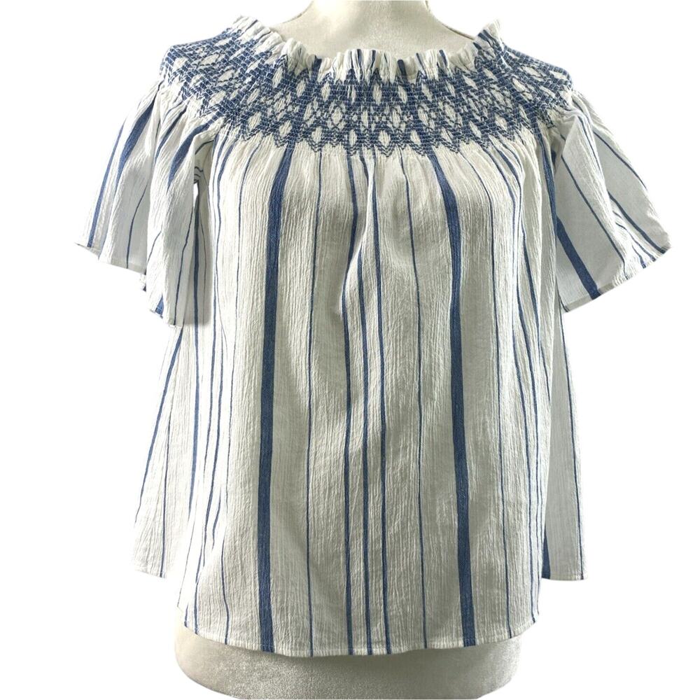 Womens Small Crop Top White‎ Blue Stripe Boho Smock Neckline Blouse Short Sleeve